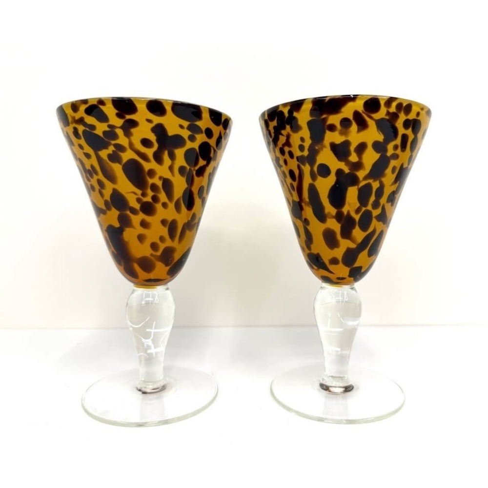 Vintage Hand-Blown Tortoiseshell Art Glass Goblets Wine Glasses Safari Style